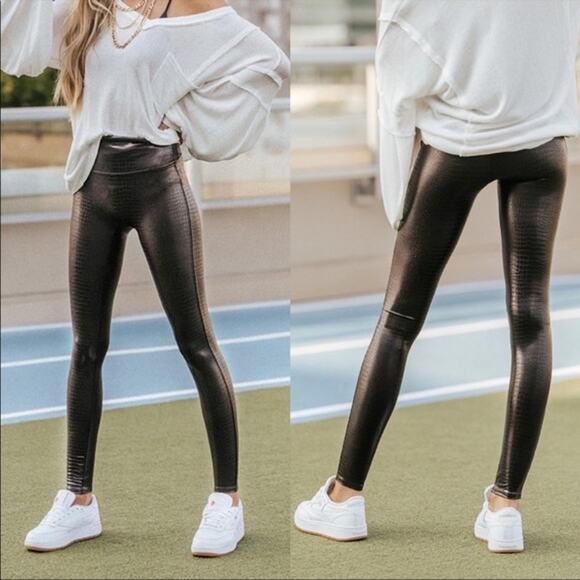 SPANX Pants - Spanx Faux Leather Croc Shine High Waisted Leggings 20303R Dark Brown Small